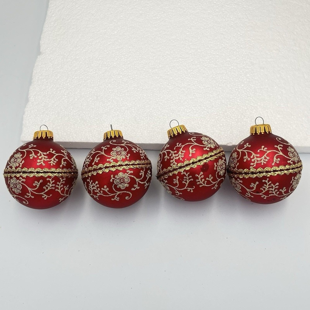 VTG Christmas by Krebs Glass Ball Ornaments Burgundy Gold Glitter Set of 4